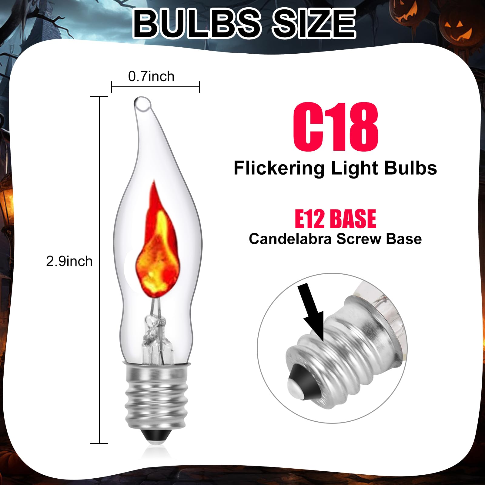 FANHONSE Halloween Flicker Flame Light Bulb, C18 Clear Flame Candelabra Replacement Bulbs, Halloween Decorations, 120 Volts, E12 Flame Candelabra Base Bulbs, 12 Pack