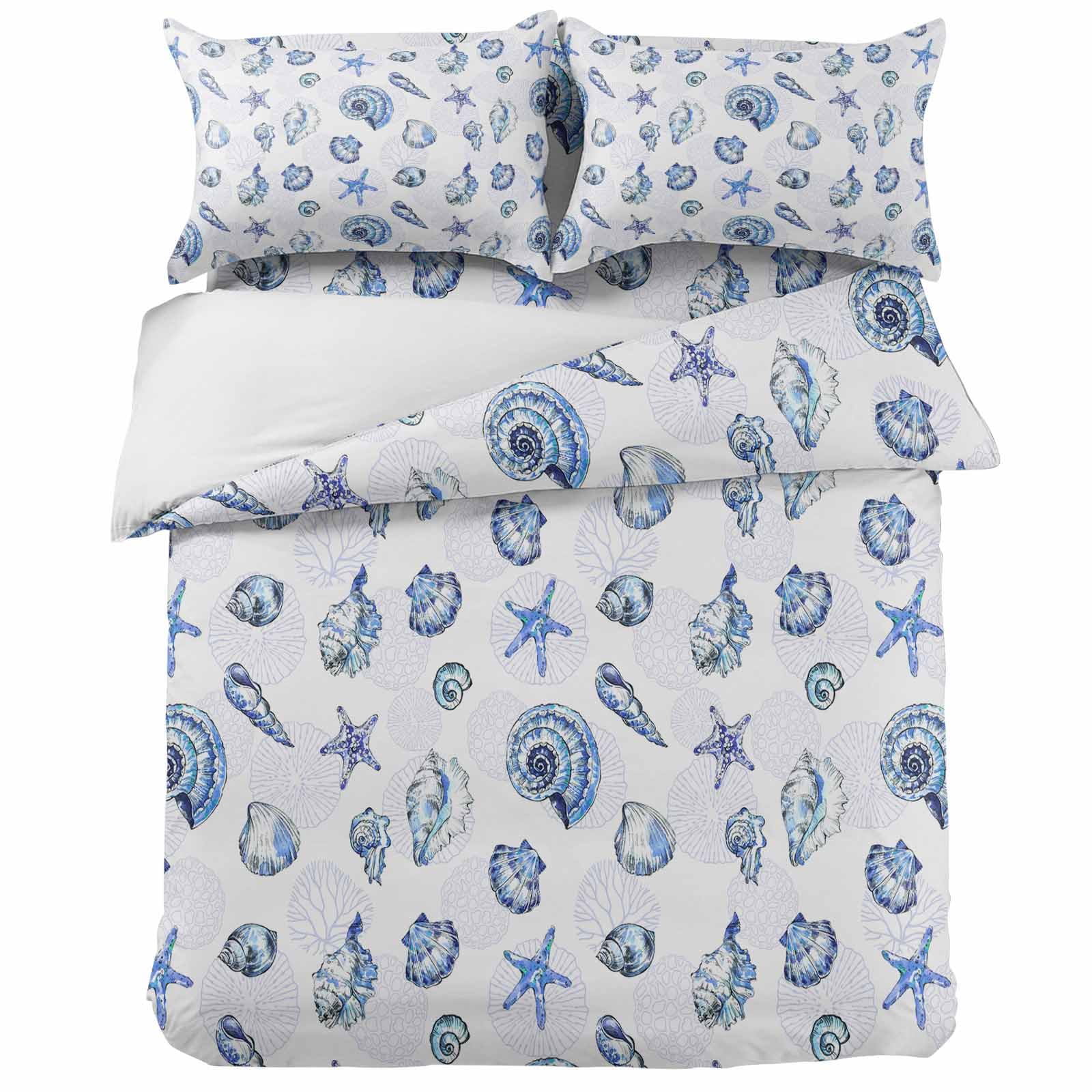 Cal KingDuvet Covers Set Coastal Beach Starfish Shells Seamless 4 Pcs Bedding Sets Brushed Microfiber Quilt Covers Lightweight Cozy Flat Sheet with 2 Pillowcases Nautical Conch Blue Gradient