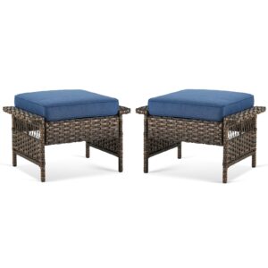 bellefurn patio ottomans 2 piece outdoor wicker ottomans pe rattan footrest with thickened cushions footstools for garden sunroom deck porch balcony poolside, ottomans(2pcs), brown|blue