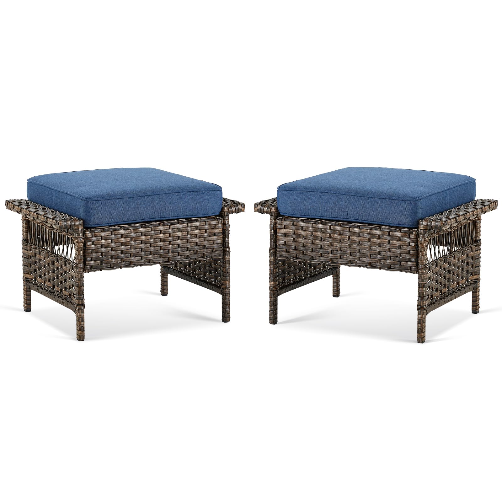 Bellefurn Patio Ottomans 2 Piece Outdoor Wicker Ottomans PE Rattan Footrest with Thickened Cushions Footstools for Garden Sunroom Deck Porch Balcony Poolside, Ottomans(2PCS), Brown|Blue