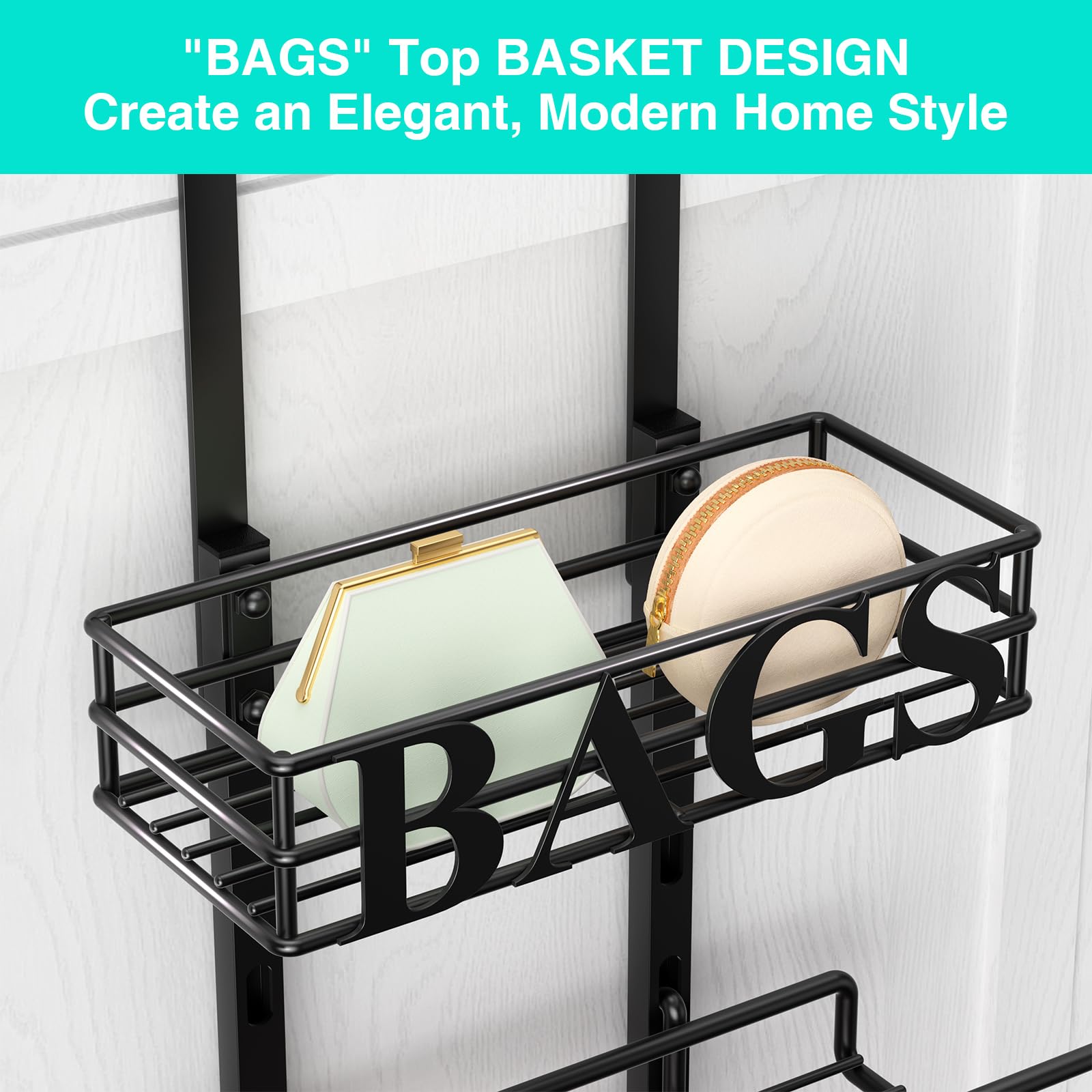 HapiRm Over Door Purse Organizer - Adjustable Purse Storage Rack with Bags Design Metal Basket, Wall Mounted Handbag Organizer, Hanging Purse Holder, Can Use As 1/2 Part Detachable