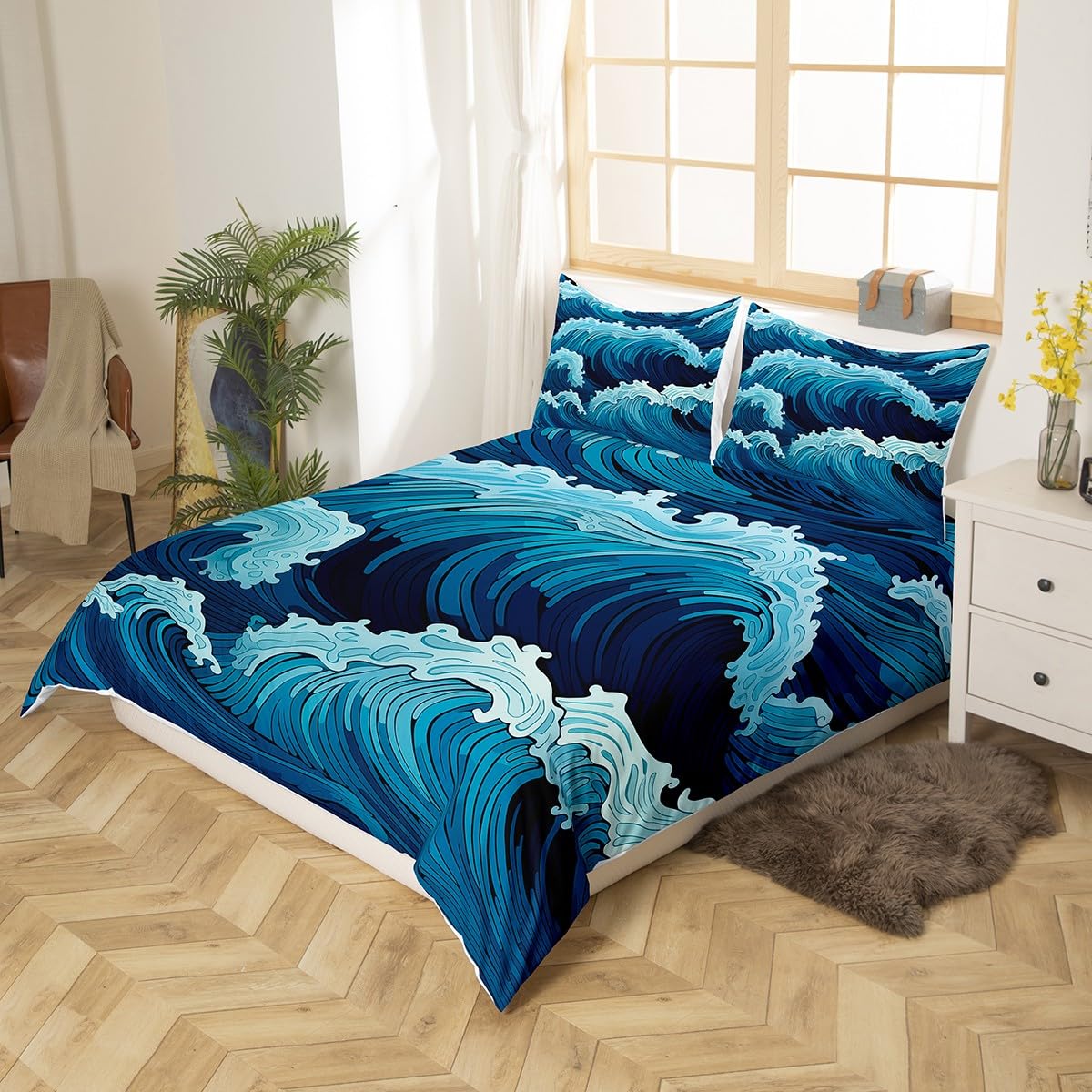 Feelyou Sea Waves Duvet Cover Blue Ocean Coastal Theme Bedding Set for Kids Boys Girls Beach Comforter Cover Soft Bedspread Cover Full Size