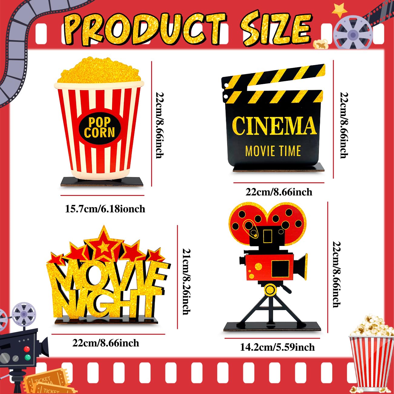 4 Pieces Movie Night Decorations Movie Theater Table Wooden Centerpieces Sign Hollywood Theme Party Decorations for Cinema Movie Time Birthday Party Favors Supplies