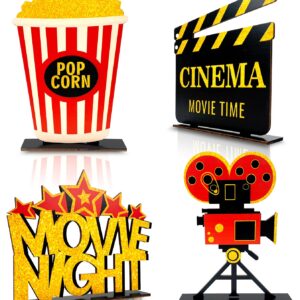 4 Pieces Movie Night Decorations Movie Theater Table Wooden Centerpieces Sign Hollywood Theme Party Decorations for Cinema Movie Time Birthday Party Favors Supplies