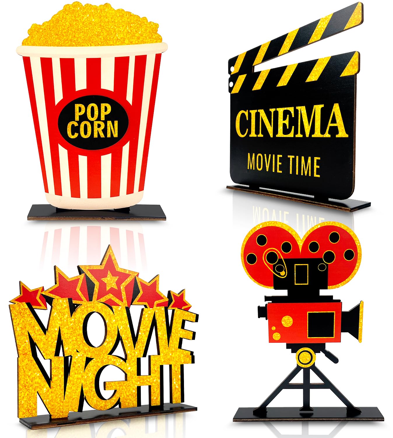 4 Pieces Movie Night Decorations Movie Theater Table Wooden Centerpieces Sign Hollywood Theme Party Decorations for Cinema Movie Time Birthday Party Favors Supplies