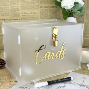 fcdecor 11" acrylic wedding card box with lock, frosted gift card box for wedding decorations for reception, honeymoon fund money box for bridal shower decorations party reception anniversary