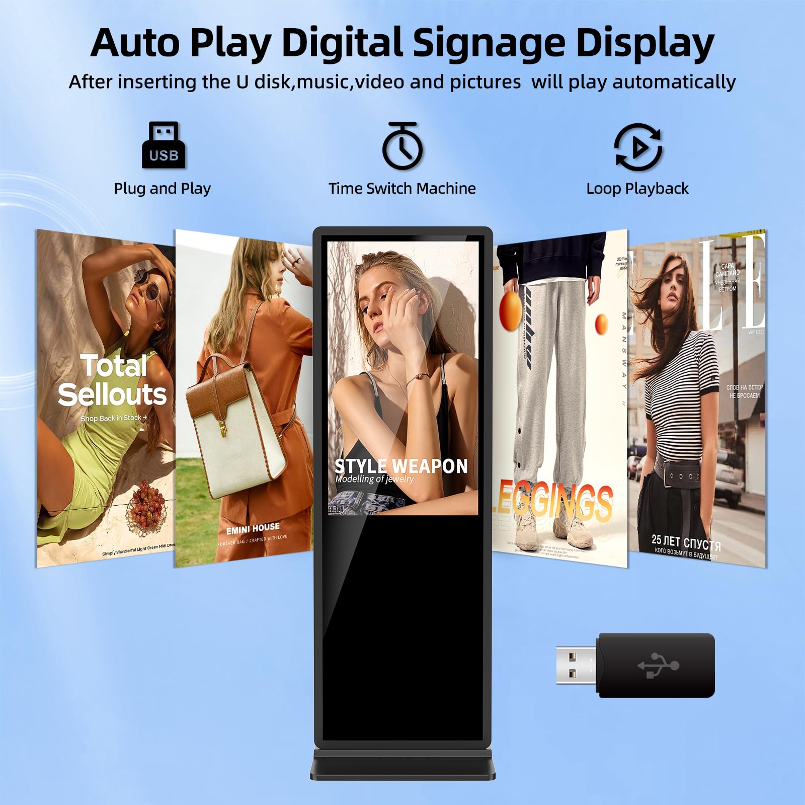 JIYANG 65 Inch Digital Signage Display,Indoor Floor Standing TouchScreen Advertising Display Kiosk Android System,Commercial LCD Totem Support HDMI-in,Free Customization Stickers and CMS System(Black)