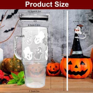 ONEHAUS Ghost Cup with Handle, 40oz Glass Tumbler Mug, Glass Cups with Lids and Straws, Halloween Ghost Decorations Gifts Glass Cups Ghost Tumbler for Iced Coffee, Fits In Cup Holder