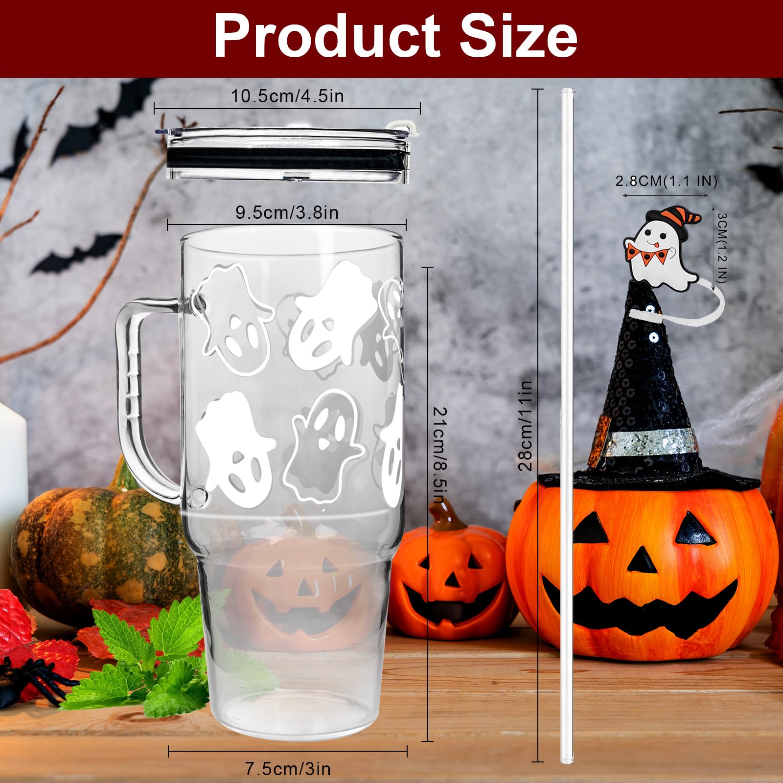 ONEHAUS Ghost Cup with Handle, 40oz Glass Tumbler Mug, Glass Cups with Lids and Straws, Halloween Ghost Decorations Gifts Glass Cups Ghost Tumbler for Iced Coffee, Fits In Cup Holder