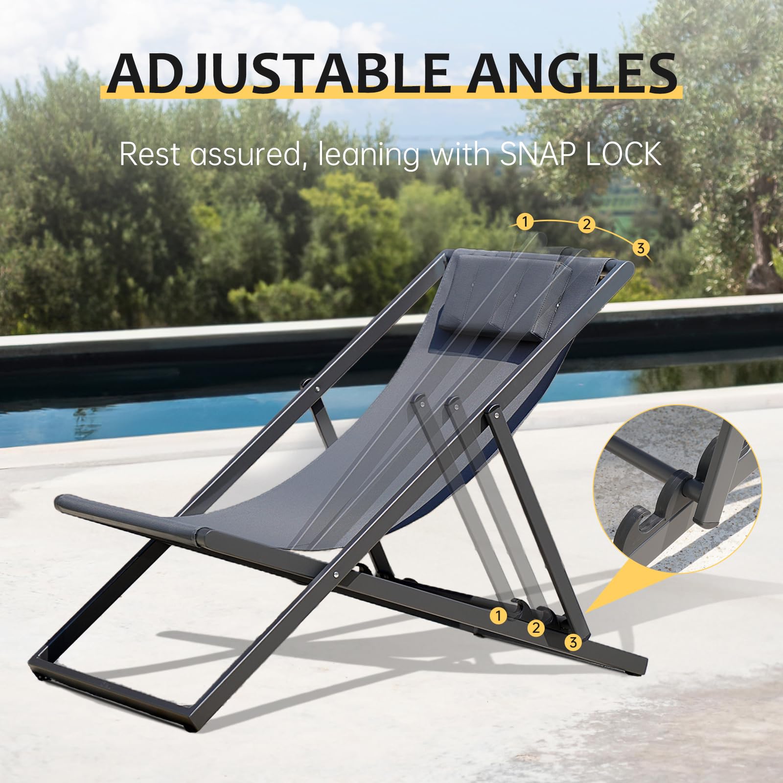 MaluttiLifestyle Outdoor Reclining Lounge Chairs and Aluminum Table, Set of 2 Rust-Proof Lightweight Foldable Patio Sling Chairs Adjustable Lounge Chairs with Aluminum Frames and Headrest, Gray