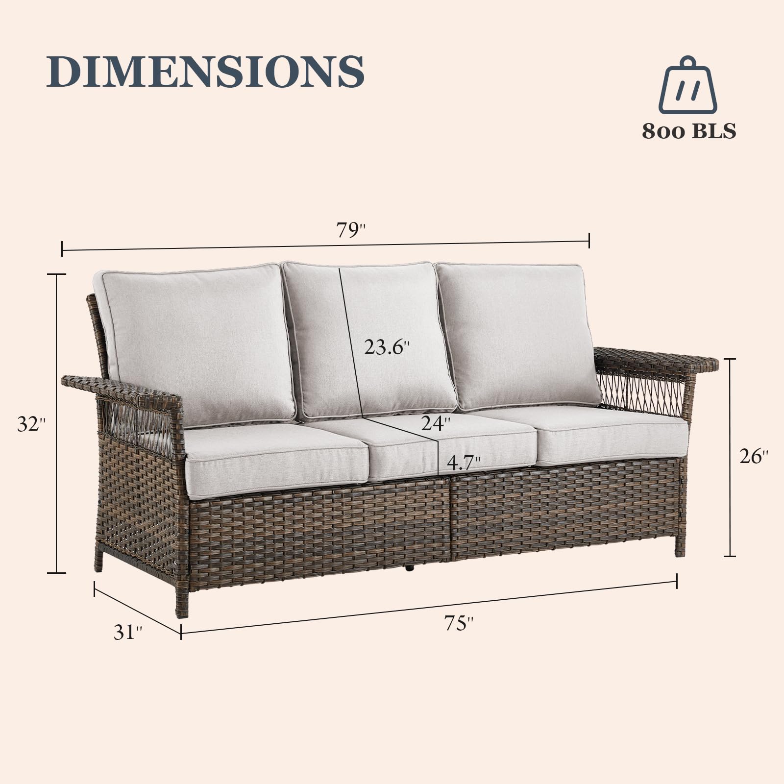 Bellefurn Patio Sofa 3-Seat Wicker Couch Brown PE Rattan Sofa with Deep Seating High Back Outdoor Sofa for Patio Garden Balcony Sunroom Backyard Deck Porch Poolside, Sofa(1PC), Brown|Beige