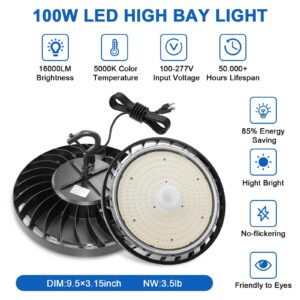 Eilpass LED Shop Lights for Garage Super Bright High Bay Light 100W 16000LM 5000K with 110V 5' Cable Plug in&US Hook,UFO High Bay LED Shop Lights for Workshop Warehouse (1 Pack)