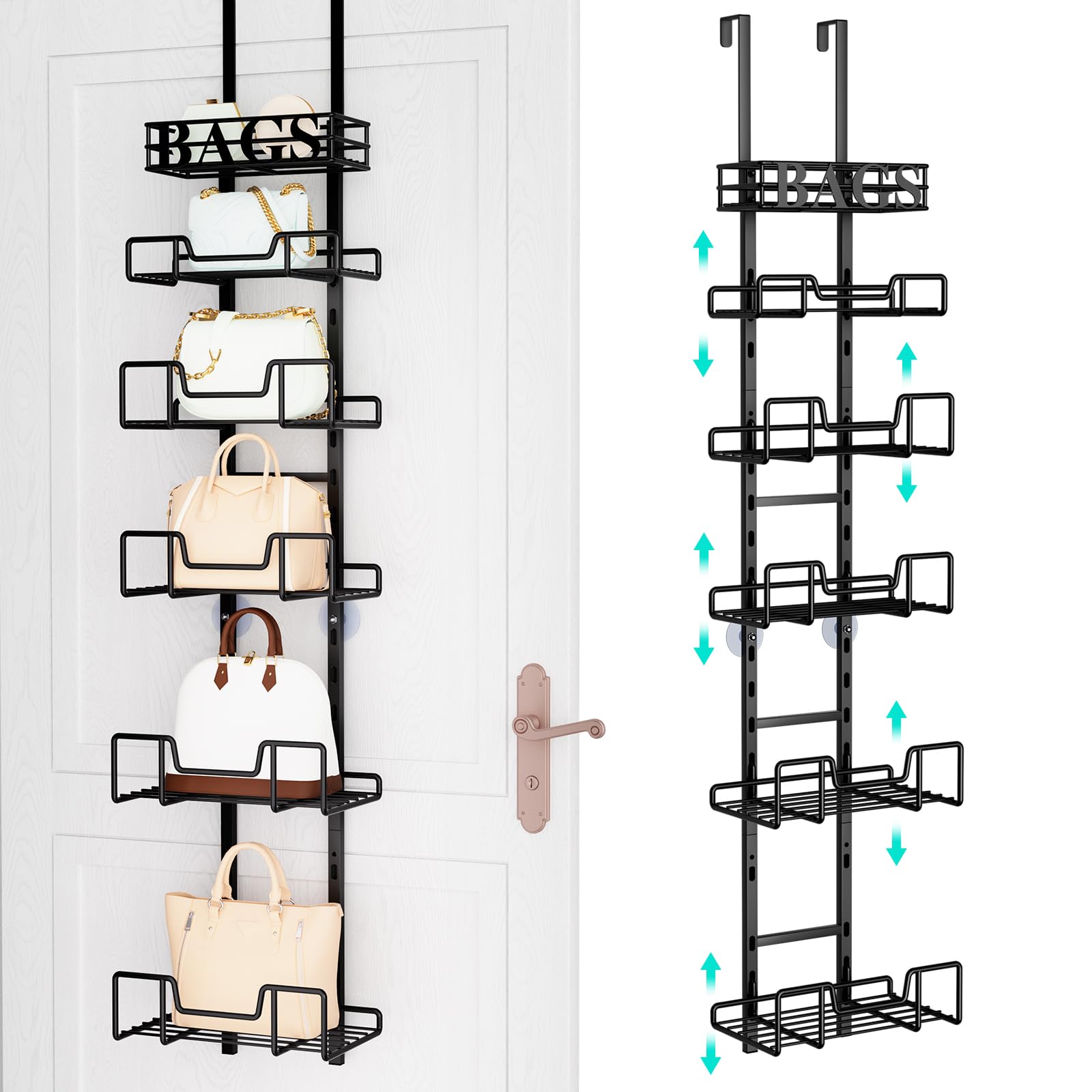 HapiRm Over Door Purse Organizer - Adjustable Purse Storage Rack with Bags Design Metal Basket, Wall Mounted Handbag Organizer, Hanging Purse Holder, Can Use As 1/2 Part Detachable