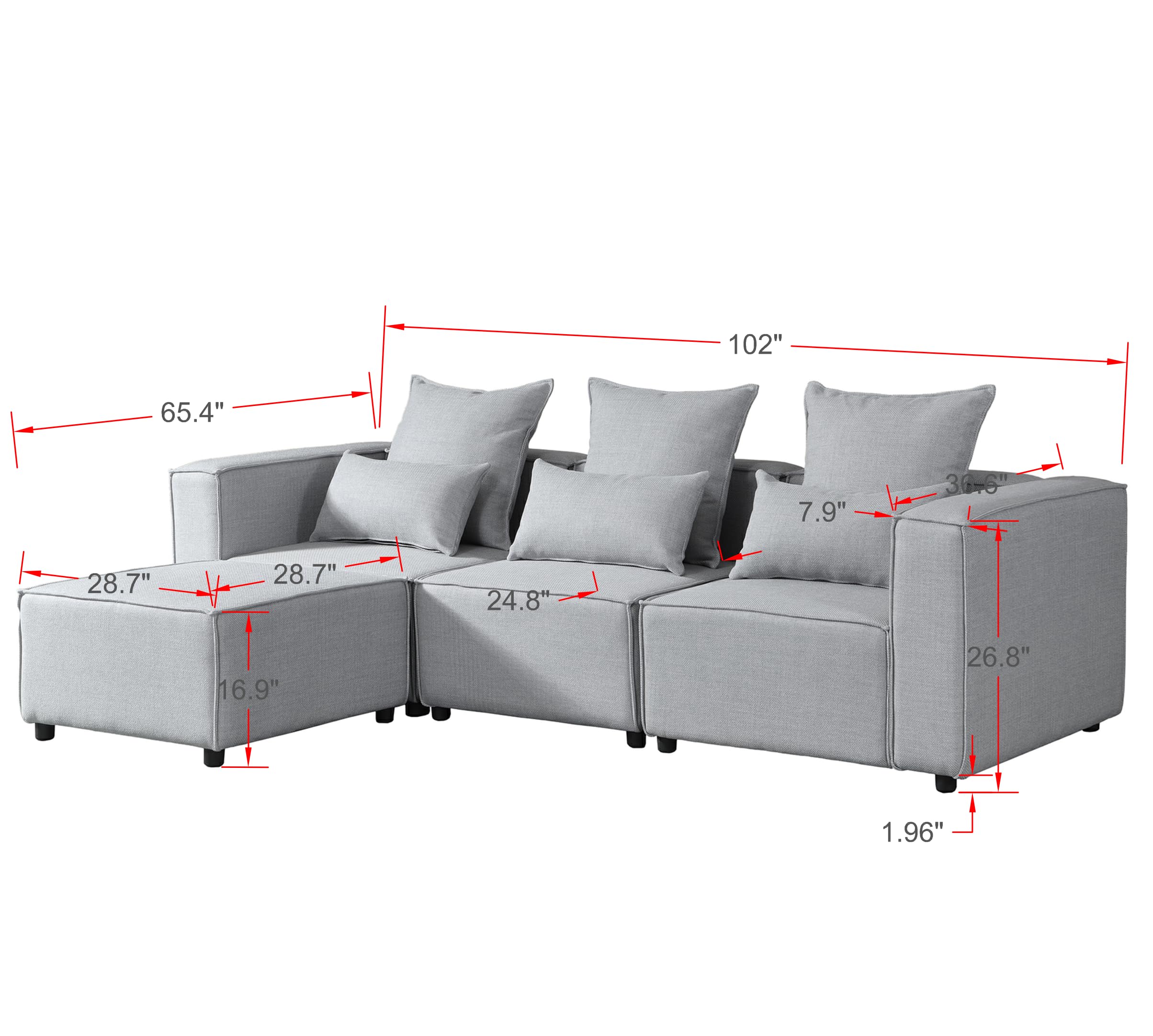 BIOEVER Modular Sectional Sofa,Convertible L Shaped 3 Seater Sofa with Removable Ottoman,Oversized Sectional Couches for Living Room,Modular Sectionals with Chaise,Corner Couch(Gray)