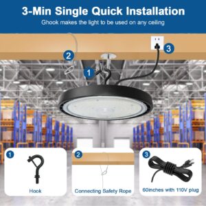 Eilpass LED Shop Lights for Garage Super Bright High Bay Light 100W 16000LM 5000K with 110V 5' Cable Plug in&US Hook,UFO High Bay LED Shop Lights for Workshop Warehouse (1 Pack)