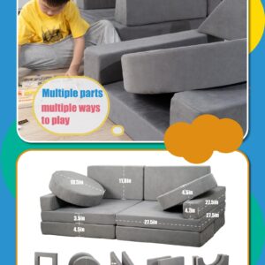 Manlilai Kids Sofa Couch 15PCS - Modular Toddler Play Couch with Removable Cover, Multifunctional Kids Couch for Playroom Bedroom - Convertible Foam Toddler Sofa for Girls and Boys (Gray)