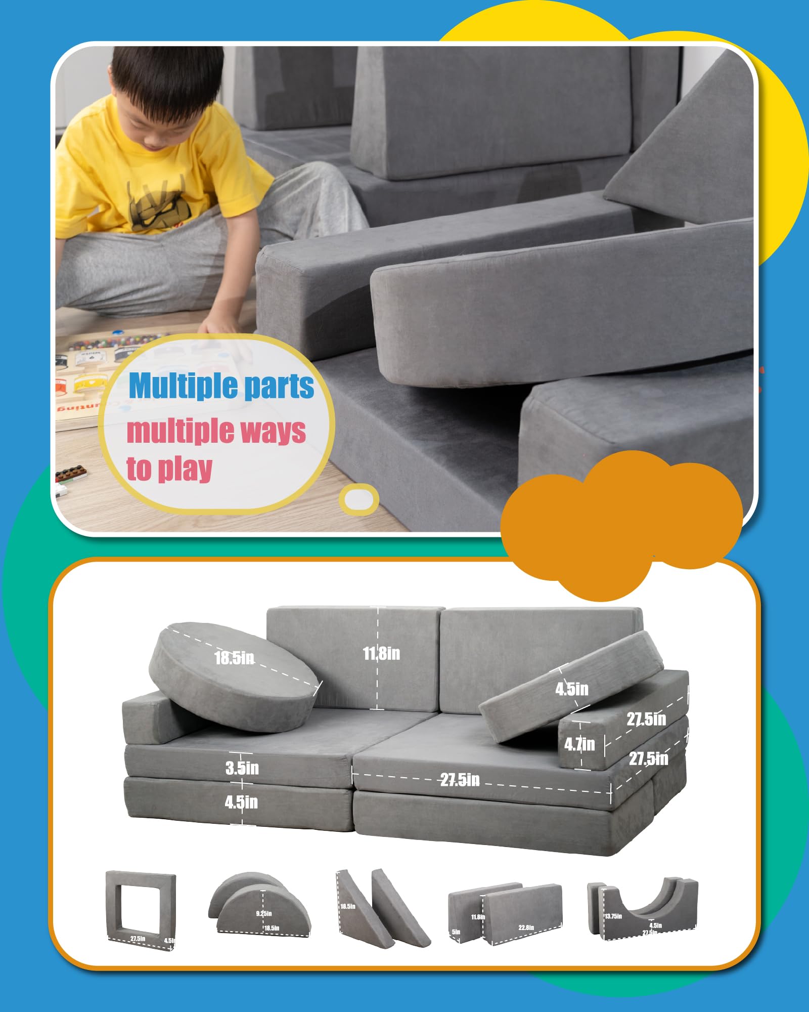 Manlilai Kids Sofa Couch 15PCS - Modular Toddler Play Couch with Removable Cover, Multifunctional Kids Couch for Playroom Bedroom - Convertible Foam Toddler Sofa for Girls and Boys (Gray)