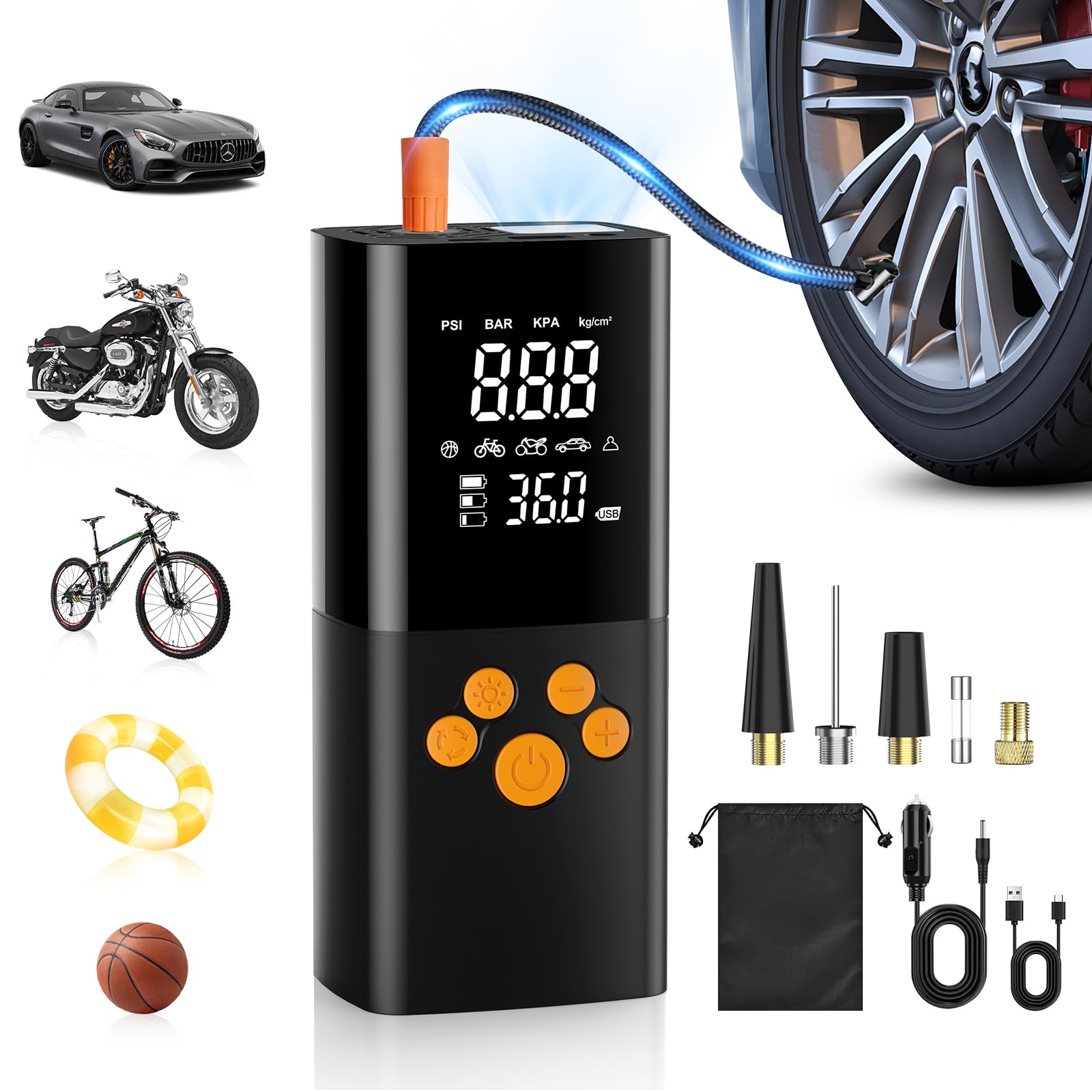 Tire Inflator Portable Air Compressor, 180PSI Air Pump for Car Tires with 25000mAh Battery, One Click Smart Air Pump Tire Inflator for Car, Motorcycle, Bicycle and More with Tire Pressure Gauge