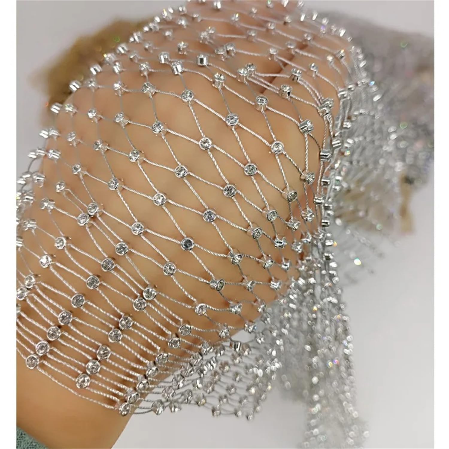 60X90cm Silver Shiny Stretch Crystal Rhinestone Fishnet One Yard Mesh Sheer Cutout Fabric 2024 Ins Popular Designer DIY Wedding Dresses, Gift Wrapping Mask Decoration (Silver, 1 Yard)