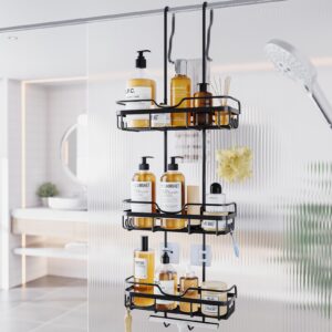 shower caddy over the door organizer: bath rack hanging over glass with hooks - storage shelf inside bathroom for shampoo - matte black