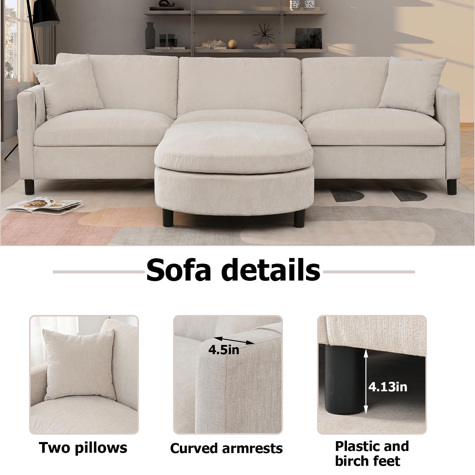 Hison 107" Convertible Sectional Sofa Couch 3 Seat L-Shaped Sofa with Ottoman and Two Pillows Space-Saving Sofas for Living Room,Dark Gray