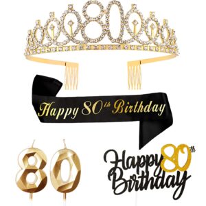 80th birthday gifts decorations for women,including 80 year old black gold birthday cake topper,80th birthday tiara crown/sash,80th gold birthday candle for 80 year old women party supplies decoration