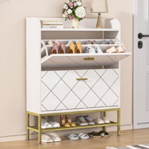 vtrin shoe cabinet with 2 flip drawers, wooden shoe organizer cabinet modern sturdy hidden shoe rack cabinet with metal legs narrow shoe cabinet for entryway shoe storage cabinet, white