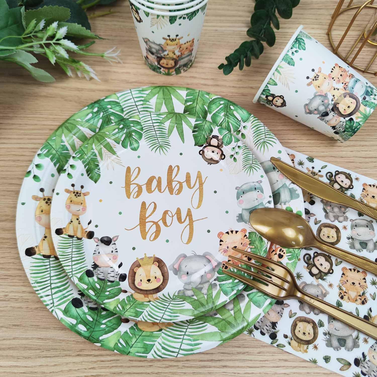 175Pcs Safari Baby Shower Decorations Plates Set, Jungle Theme Zoo Animals Plates Napkins Cups and Cutlery for 25 Guests