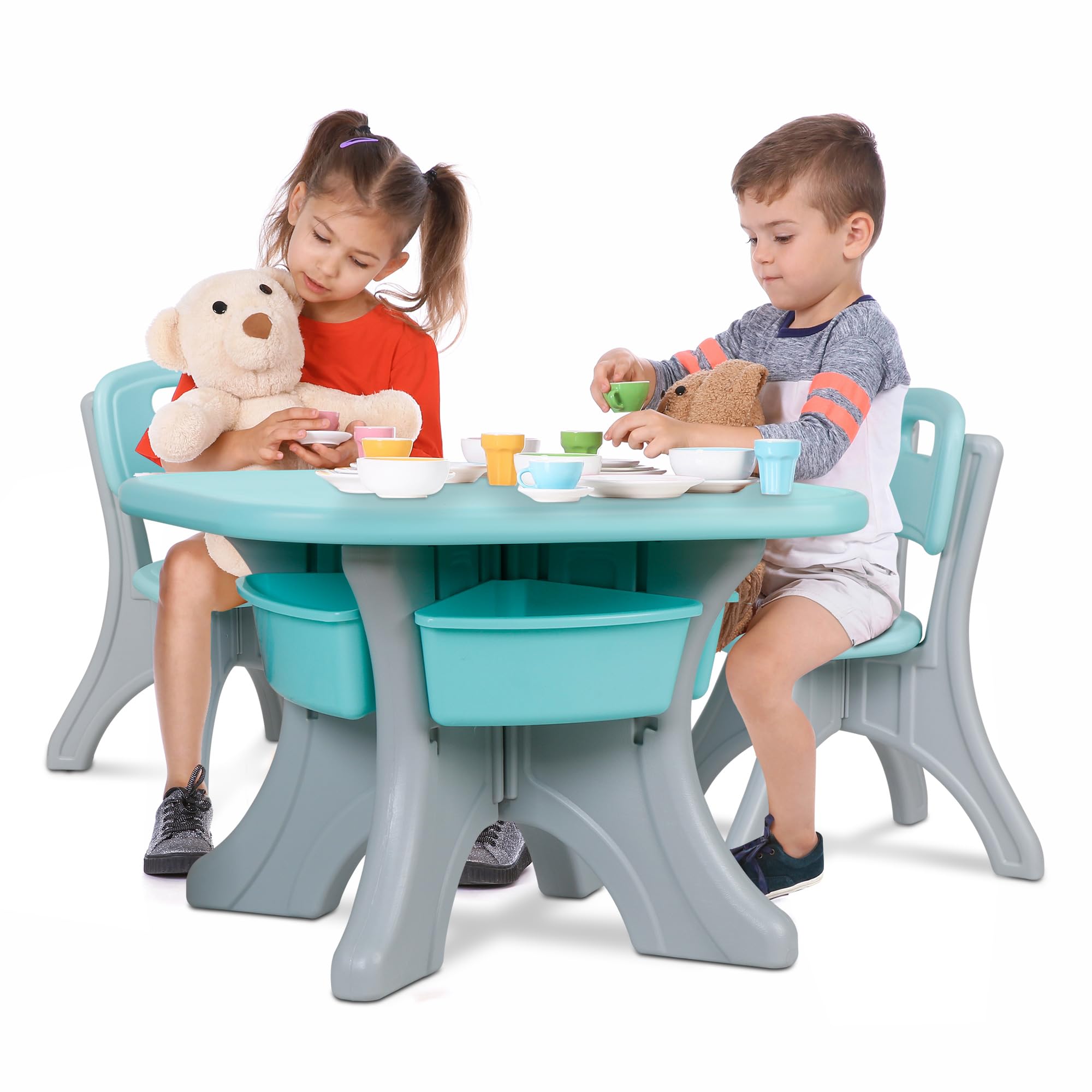 SUPER DEAL Kids Table and Chairs Set 3 Piece Plastic Children Activity Table with 4 Detachable Toy Storage Bins for Arts, Crafts, Snack Time and More, Safety Round Corners, Green