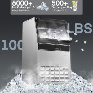 100lbs Commercial Ice Maker Machine per Day, Stainless Steel Housing Under Counter Ice Machine with 33lbs Storage Capacity, Freestanding Ice Maker, Ideal for Restaurant, Bars, Home Offices, FOHERE