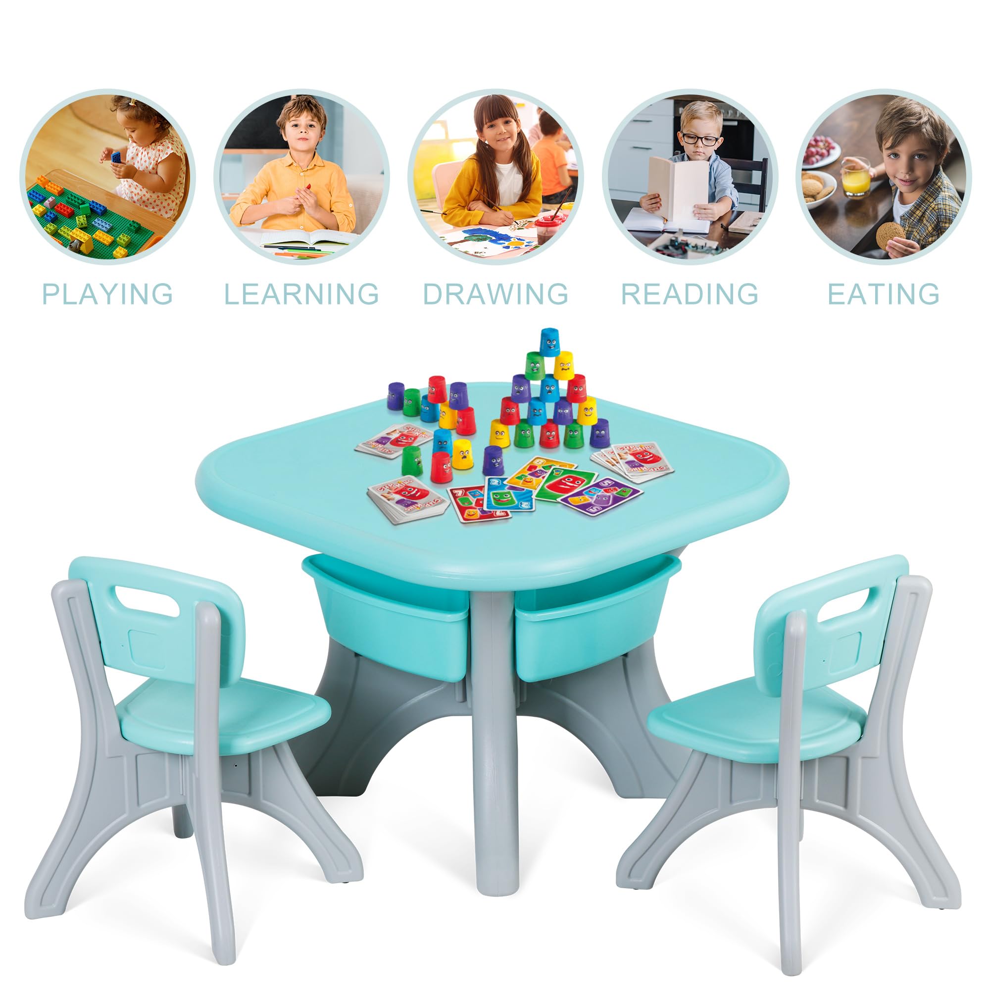 SUPER DEAL Kids Table and Chairs Set 3 Piece Plastic Children Activity Table with 4 Detachable Toy Storage Bins for Arts, Crafts, Snack Time and More, Safety Round Corners, Green