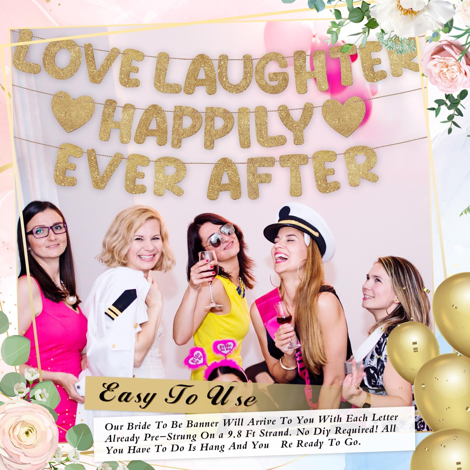 Breling Pre Strung Love Laughter Happily Ever After Banner Glitter Bridal Shower Decorations Bachelorette Party Decor for Love Married Wedding Shower Engagement Party Banner(Champagne Gold)