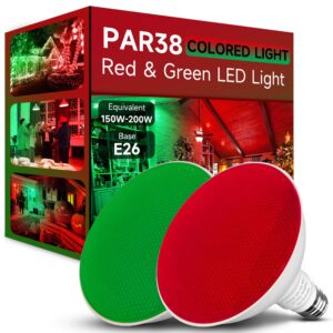 nouscan par38 red green led lights for outside [christmas combo], 150w flood light bulbs equivalent, 15w 1200lm, colored outdoor flood light bulb, e26 base not-dim for christmas, halloween, 2 pack