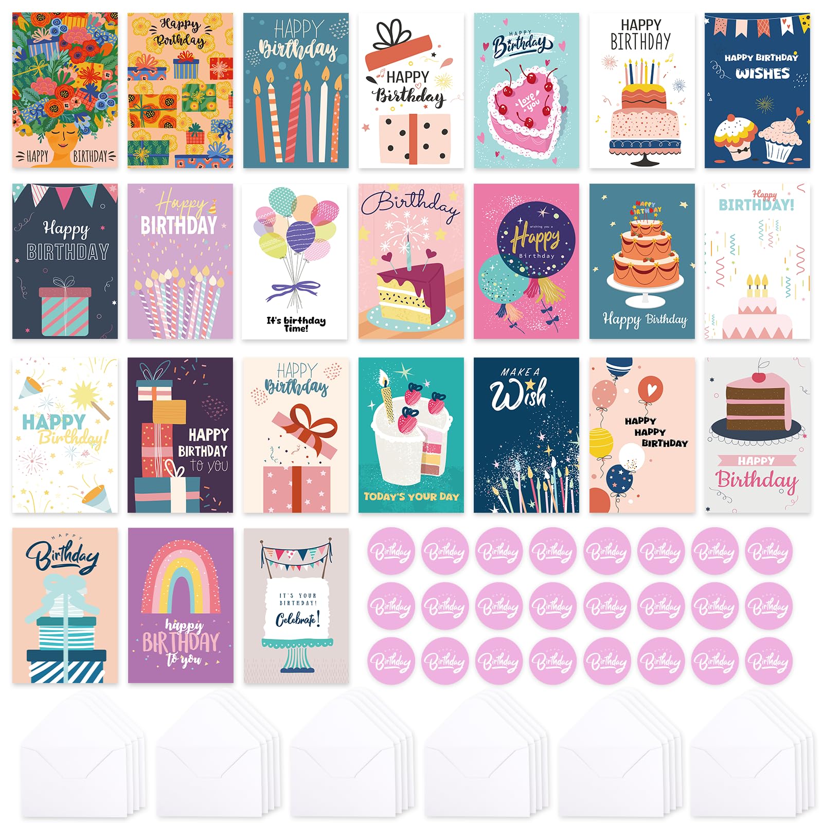 NESCCI Birthday Cards,24 Pcs Blank Cards with Envelopes & Stickers,24 Design,4x6 Inches Happy Birthday Card,Birthday Card for Kids, Family, Friends, and Colleagues