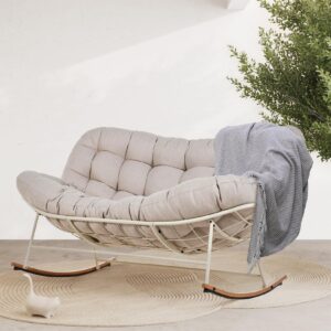 grand patio rocking chair outdoor, oversized papasan rocking chair for 2 with e-coated steel frame and thick cushion, comfy rocking loveseat for patio porch deck, apricot