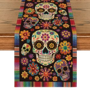 artoid mode flowers sugar skull mexican day of the dead table runner, dia de los muertos kitchen dining table decoration for home party decor 13x72 inch