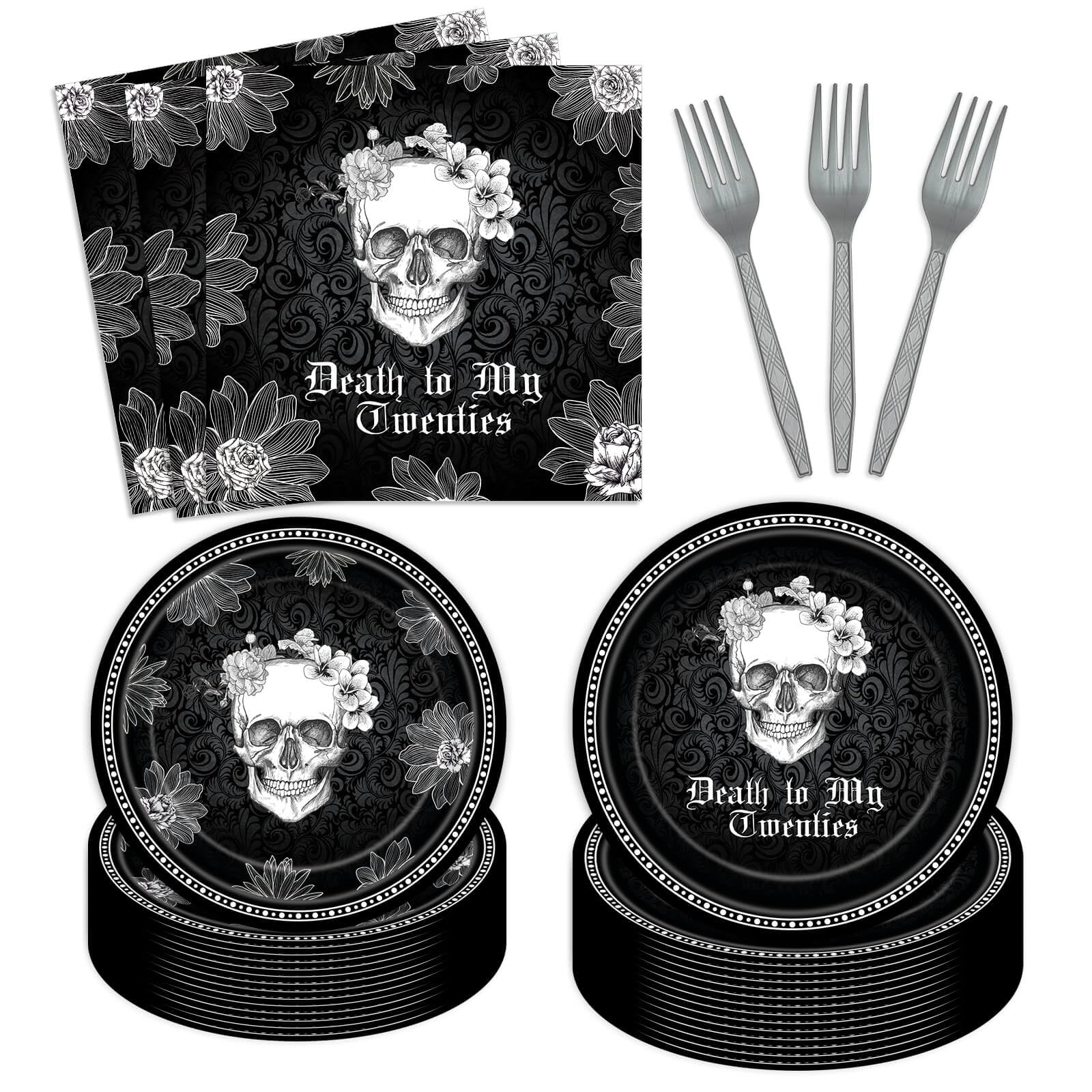 96PCS Death to My Twenties Plates Napkins Party Supplies Rip to My 20s Party Decorations Skull Black 30th Birthday Tableware Set Funeral for My Youth Funny Thirtieth Birthday Party Supplies Serve 24