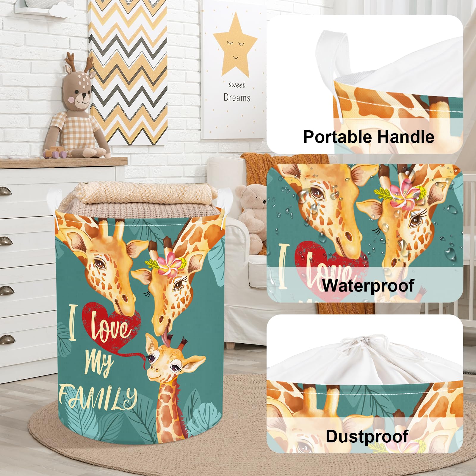 Clastyle 45L Large Green Giraffe Family Kid Laundry Hamper with Handle Collapsible Animal Love Clothes Toy Storage Basket with Lid for Nursery