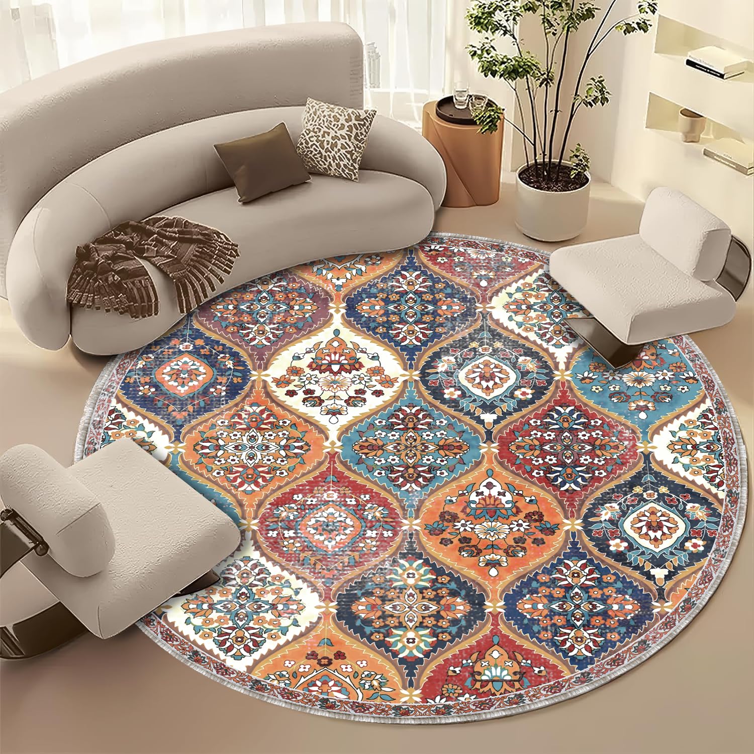 Round Boho Rug, Bohemian Circle Area Rug 5ft, Washable Non-Slip Round Clearance Moroccan Carpet for Bedroom Kitchen Bathroom Living Room Office Decor - 5ft-Round,Cream