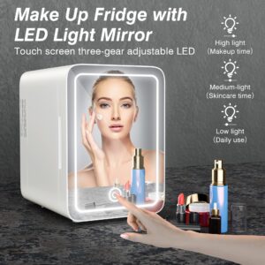 Easy-Take Skincare Fridge - Mini Fridge with Dimmable LED Mirror (4 Liter/6 Can), Cooler and Warmer, Makeup Fridge for Skincare and Food, Mini Fridge for Bedroom, Office and Car, White