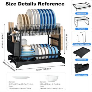 FOXMIND Dish Drying Rack,Space-Saving 2-Tier Dish Drying Rack Kitchen with Drainboard,Rustproof Kitchen Desktop Organizer with Utensil Holder & Cup Holder for Kitchen Counter,11.4''W x 16.5''L,Black