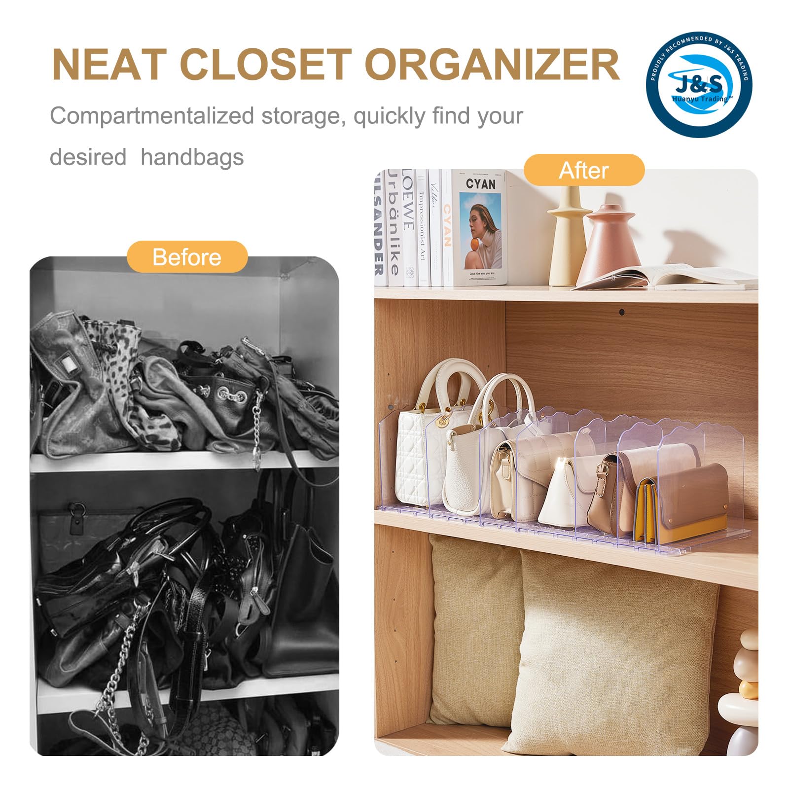 Upgraded Wavy Purse Storage Organizer, Adjustable Shelf Dividers for Closet Organization, 8PCS, Clear Shelf Dividers and Separators for Handbags, Bookshelf, Pocketbook, Wood Shelves, Bedroom & Kitchen