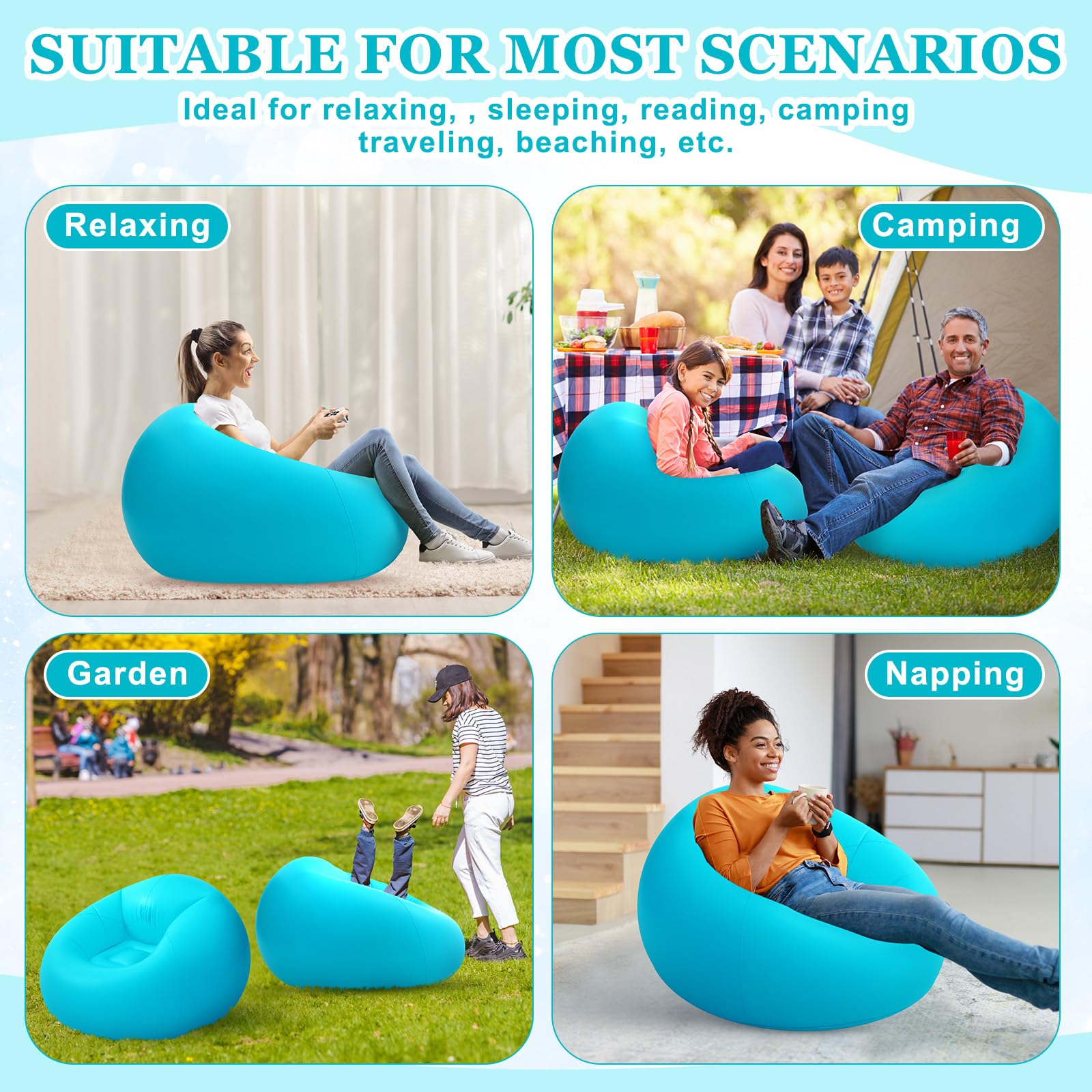 Realspring Inflatable Bean Bag Chair for Adult Bean Bag Sofa Chair Blow up Inflatable Furniture for Outdoor Living Room Bedroom Balcony Travel Party Gift Accessories(Lake Blue,2 Pcs)