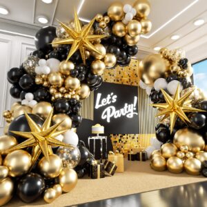 black and gold balloons garland arch kit, black and gold party decorations with black white balloons gold confetti latex balloons for 2024 graduation decorations anniversary birthday party decorations