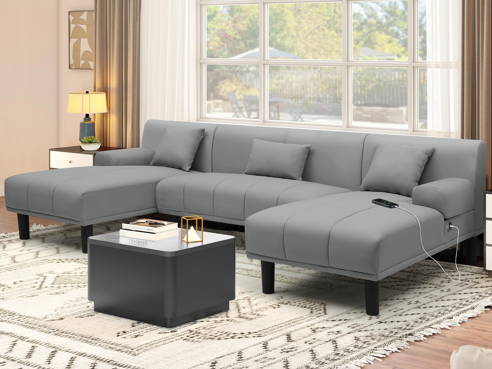 YITAHOME Sectional Couches for Living Room, U Shaped Sofa Faux Leather Modern Modular Couch with USB & Type C Charging Ports Double Chaise and Comfy Upholstered, Dark Grey