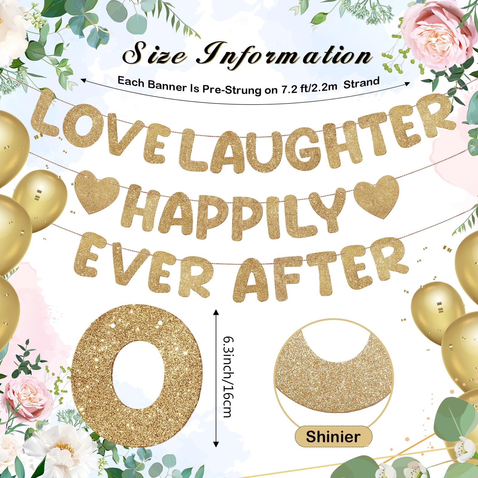 Breling Pre Strung Love Laughter Happily Ever After Banner Glitter Bridal Shower Decorations Bachelorette Party Decor for Love Married Wedding Shower Engagement Party Banner(Champagne Gold)