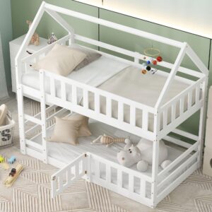 LUKEEHOM Bunk Bed Twin Over Twin House Bunk Bed with Fence and Door Wood Floor Bunk Bed for Boys Girls Teens, No Box Spring, Easy Assembly