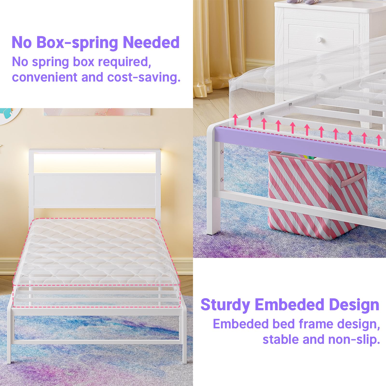 Weehom Twin Bed Frames with Headboard Shelf Storage, Wood Twin Bed Frame with Charging Station and LED Lights, No Box Spring Needed Twin Size Metal Bed Frame for Kids Students, White