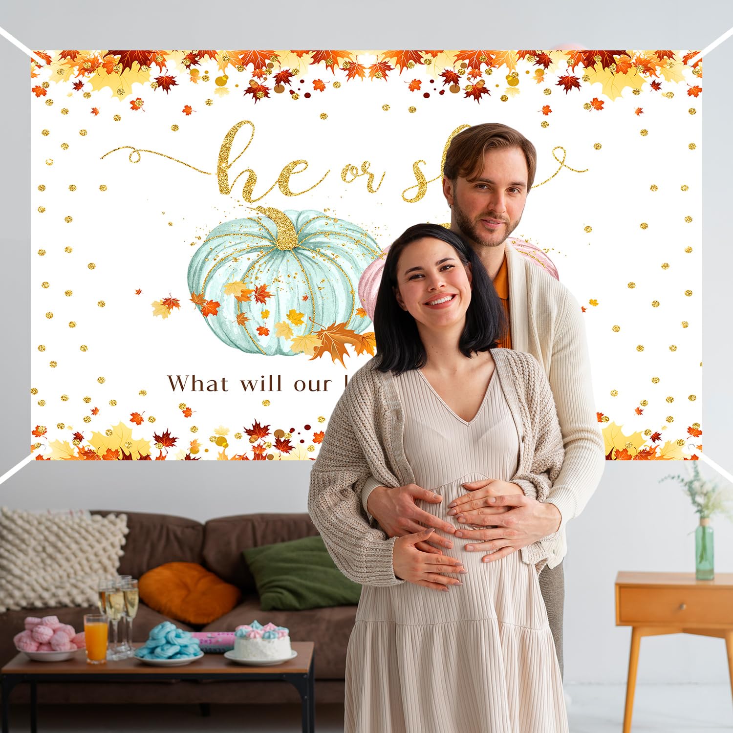 MEHOFOND XtraLarge Pumpkin Gender Reveal Banner Backdrop(72x44Inch) Fall Pumpkin Baby Shower Party Decorations Supplies Thanksgiving Baby Shower Banner Autumn Golden Maple Leaves Party Decorations