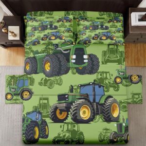 WeCozy 4 Pieces Queen Size Bed Sheet Sets with Pillowcases, Farm Tractor Summer Soft Microfiber Bedding Set for Kids and Adults, Flat Sheet, Fitted Sheet for Bedroom Bed Decor